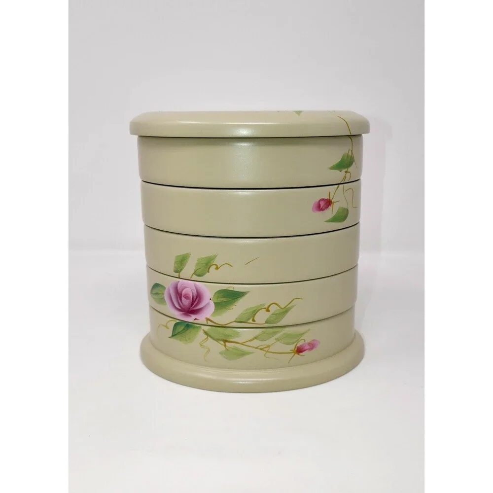 Calgon Flexzorb Vintage Wooden 5-Tier Swivel Jewelry Box Hand Painted Roses